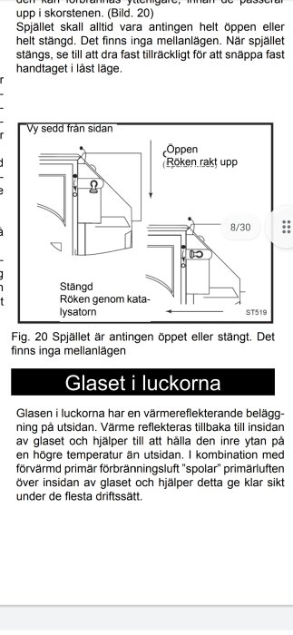 Illustration av spjäll i öppet och stängt läge med beskrivning av rökgång vid användning av katalysator.