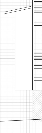 Skiss av köksutbyggnad med utstickande bänkrad 60 cm från fasaden.