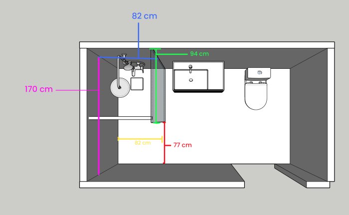 Ritning av badrum med måttangivelser, inklusive duschhörna, handfat och potentiell plats för badkar.