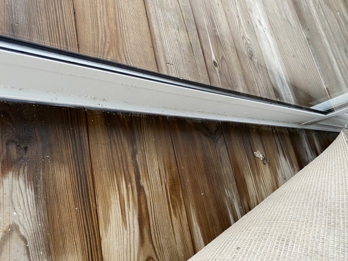 Detaljbild av ett trägolv och en tröskelskena vid en dörröppning med synliga vattendroppar.