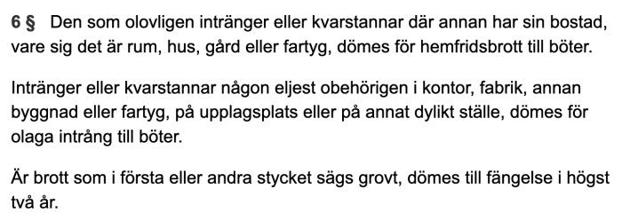 Utdrag av svensk Brottsbalk 4 kapitel 6 paragraf om hemfridsbrott med bötes- och fängelsepåföljder.