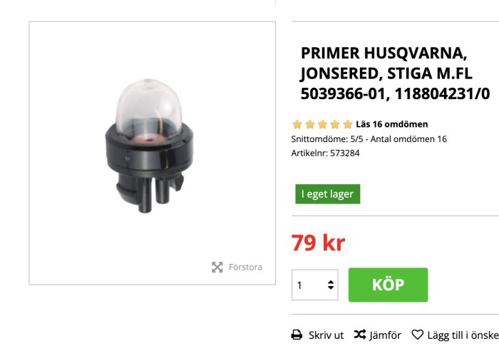 Bränslepump (primer) till Husqvarna och Jonsered motorsågar, transparent kupol, prissatt till 79 kr.