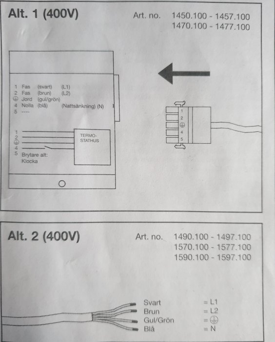 Elektrisk kopplingsschema för oljefyllt element med två alternativ för 400V anslutning.