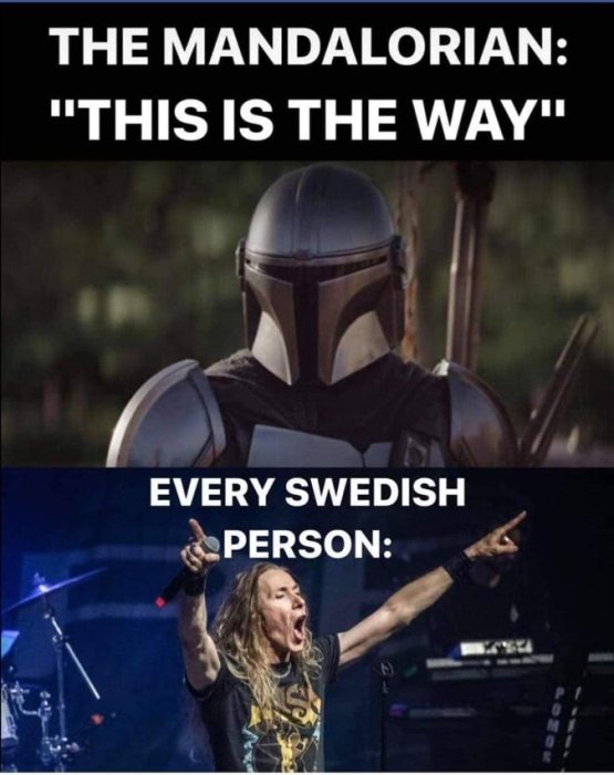 Mem-bild med "The Mandalorian" karaktär ovan och en exalterad rockartist under med texten "EVERY SWEDISH PERSON:".