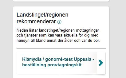 Skärmbild av en rekommendation för klamydia och gonorré-test från 1177 Vårdguidens hemsida.