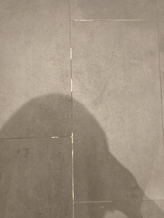 Klinkergolv med vit beläggning på fog och en skugga av en person.