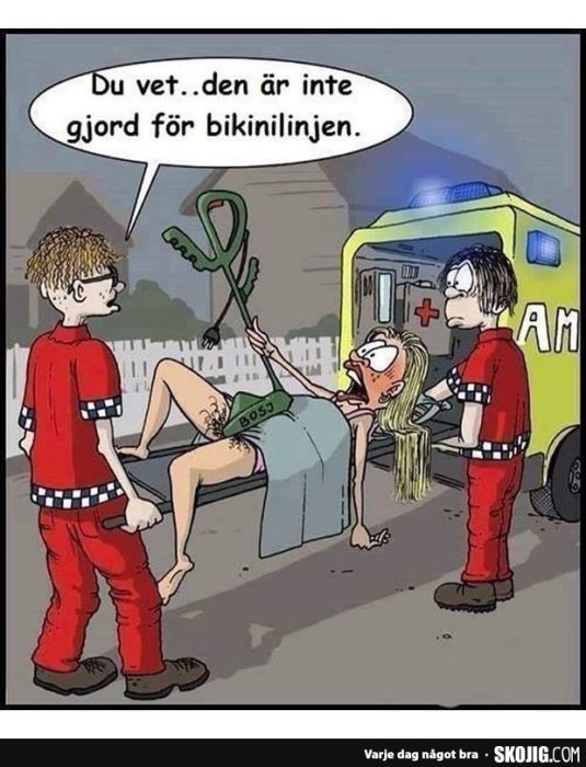 Tecknad bild av sjukvårdare med tång vid ambulans och kvinna med skylt "Boss" på shorts.