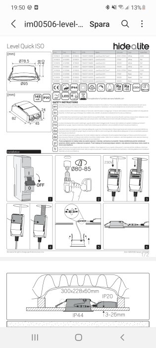 Instruktionsmanual för installation av LED-belysning med tekniska specifikationer och installationssteg.