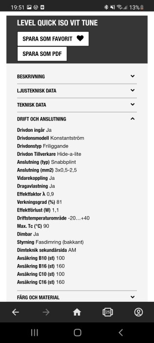 Skärmdump av produktspecifikationer med tekniska detaljer om vidarekoppling och annan data.