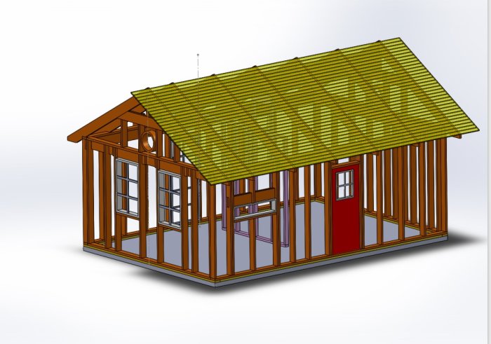 3D-modell av en trästomme till ett hus med gult tak och röd dörr skapat i SolidWorks.