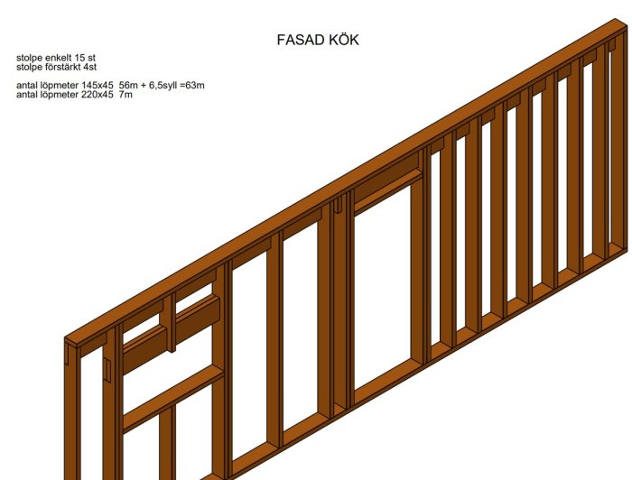 3D-modell av en byggritning skapad i SolidWorks visande en träväggs stomme med dimensioner.