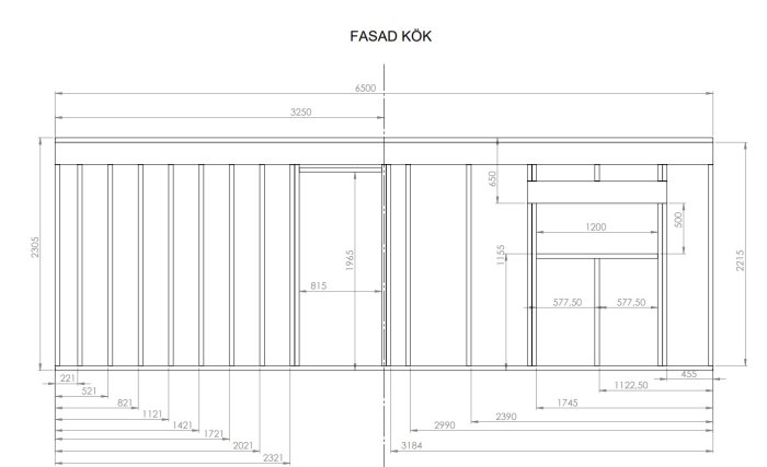 2D-byggritning i SolidWorks av köksfasad med måttangivelser.