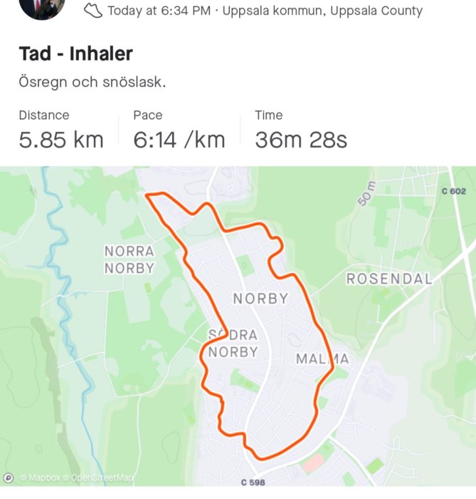 Skärmklipp av löprunda på kartapp som visar sträcka och tid i Uppsala kommun.