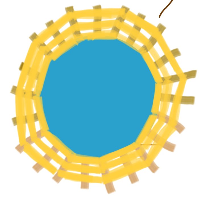 Skiss av cirkulärt trädäck med gula markeringar för sektioner och bruna stöd, planeringsdesign.