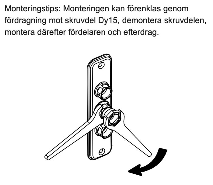 Monteringstips med illustration av väggbricka, skruvdelar och verktyg med pil som indikerar riktning för åtdragning.