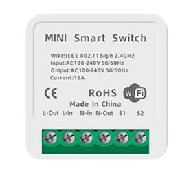 Wifi strömbrytare med märkning för L-Out, L-In, N-in, N-Out, S1 och S2 terminaler, specifikationer angivna ovanför.