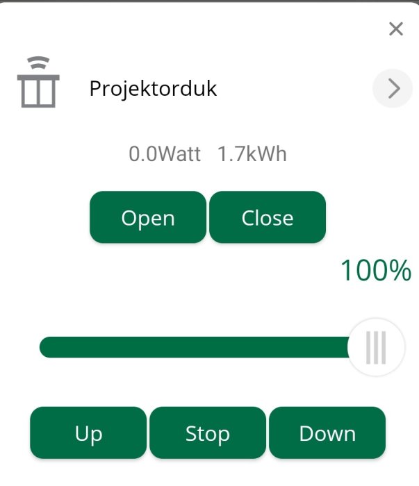 Gränssnitt för kontroll av projektorduk med knappar för Öppna, Stänga, Upp, Stopp, och Ned samt energiförbrukningsdata.