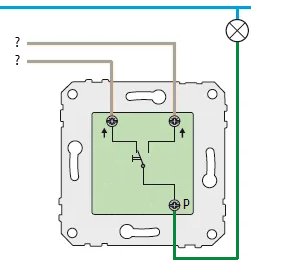 Schematisk illustration av en strömbrytare med anslutna kablar i olika färger, och en symbol för lampa.