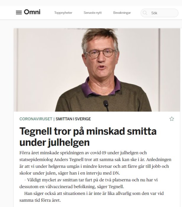 Man talar vid en presskonferens med artikeln "Tegnell tror på minskad smitta under julhelgen" på Omni.