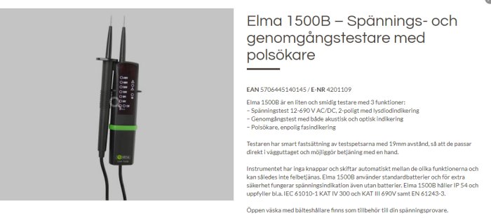 Elma 1500B spännings- och genomgångstestare på grå bakgrund.