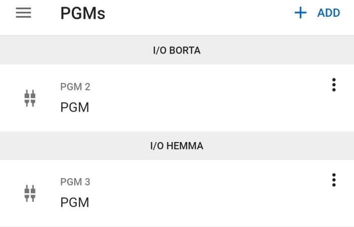 Skärmdump av ett kontrollpanelsinterface med PGM 2 och PGM 3 moduler.