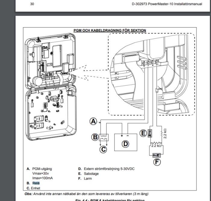 Schematisk illustration av PGM och kabeldragning för en PowerMaster-10 alarmenhet.