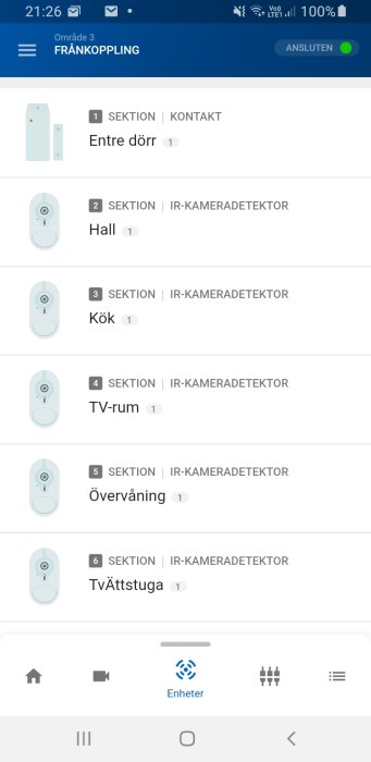 Skärmbild av smarthemsapp med enheter listade som 'Entre dörr', 'Hall', 'Kök', 'TV-rum', 'Övervåning', 'Tvättstuga'.