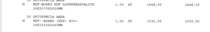Kvitto med priser för MDF-skivor från Beijer, inklusive artiklar och mått.