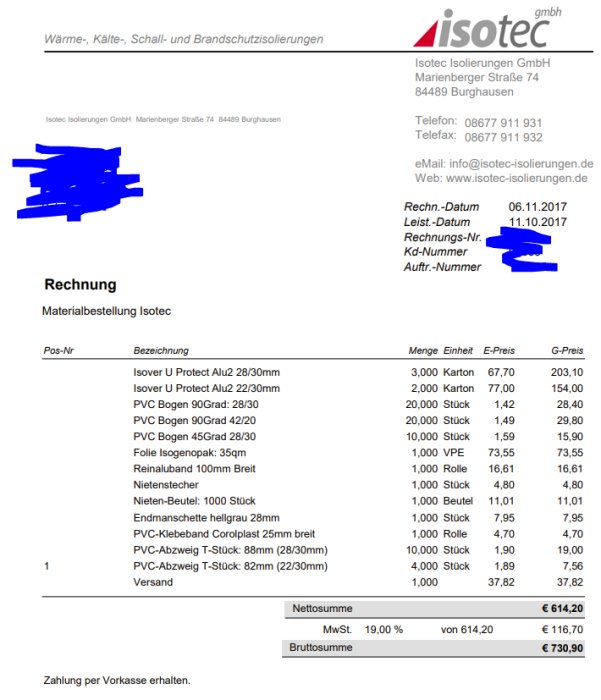 En faktura från IsoTec med isoleringsmaterial såsom U Protect Alu och PVC-böjar i 45 och 90 grader samt tillbehör.