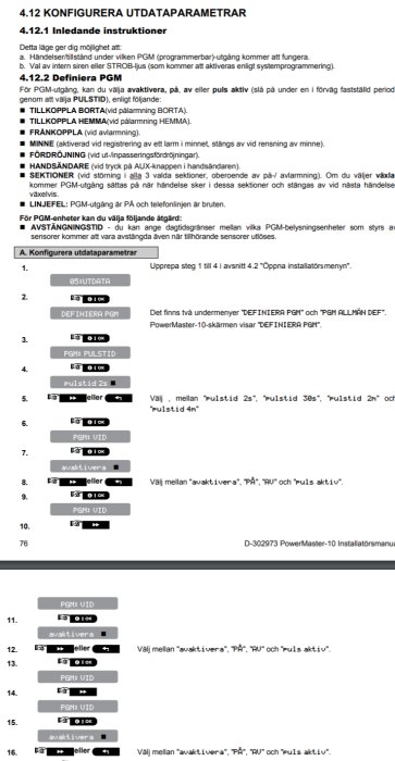 Skärmdump av steg-för-steg-instruktioner för att konfigurera utdataparametrar i en säkerhetssystemsmanual.