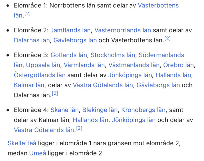 Textlista som beskriver olika elområden i Sverige med vilka län de inkluderar.