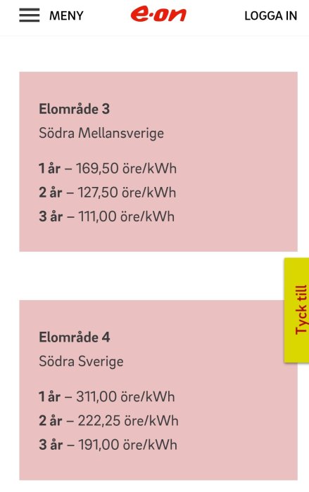 Elpriser för ett, två och tre år i elområde 3 och 4 presenterade på ett webbinterface med en gul etikett som säger "Tyck till".