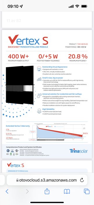 Informativ grafik om Vertex S monokristallina solcellsmodul med 400W, effektivitet och garantier.