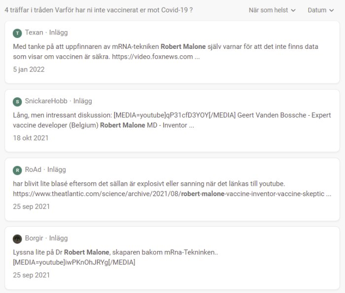 Skärmdump av diskussionstråd om Covid-19 vaccin med fyra inlägg och länkar relaterade till Robert Malone.