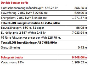 Elräkning som specificerar kostnader för elnätsabonnemang, elöverföring och energiskatt med totalt belopp på 9 548 kr.
