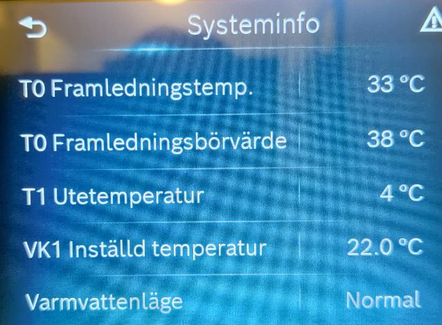 Display som visar temperaturinformation för värme och varmvatten med inställningar och aktuella värden.