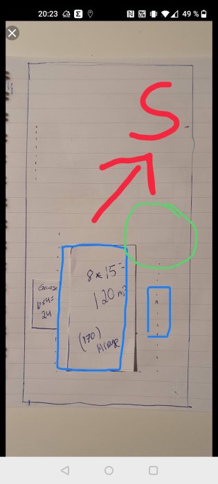 Handritad tomtplan med föreslagen position för garage och hus markerat med pilar och cirklar.