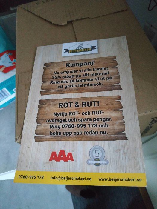 Reklamflygblad för kampanj med 35% rabatt på material från Beijersnickkeri, med ROT & RUT-info.