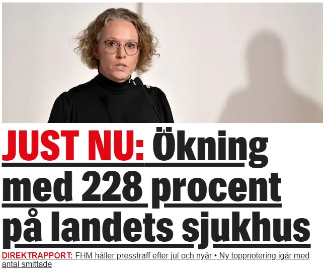 Kvinna talar vid pressträff med texten "Ökning med 228 procent på landets sjukhus