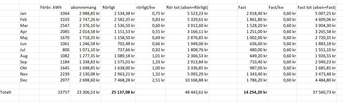 Tabell som jämför elförbrukning och kostnader med rörliga och fasta elpriser över ett år.