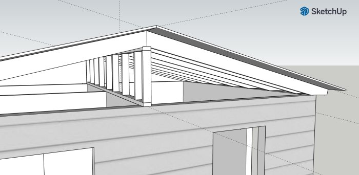 3D-skiss av en gäststuga med fokus på takbjälkarnas konstruktion, bredden är cirka 5,5 meter.