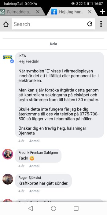 Skärmdump av ett kundservice-meddelande från IKEA till en person med svar från andra användare.