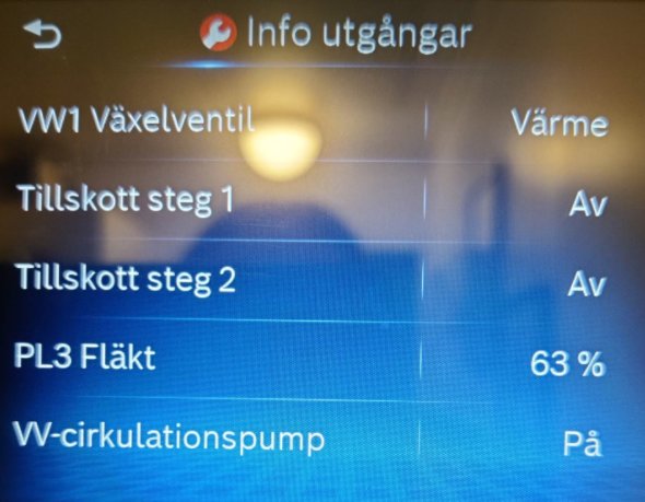 Skärmbild av servicemeny med värden för växlare, skott och fläkt; 63% och cirkulationspump på.