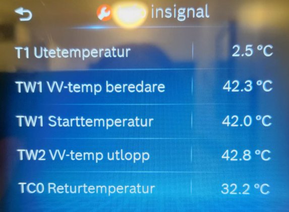 Skärmvisning av servicemeny med temperaturvärden för byggsystem.