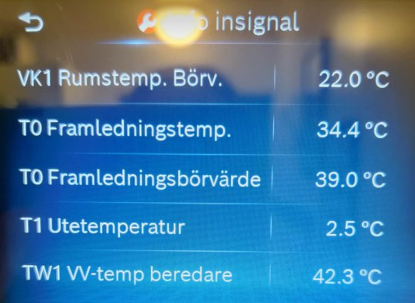 Display som visar temperaturvärden i servicemeny, inklusive rumstemperatur och framledningstemperatur.