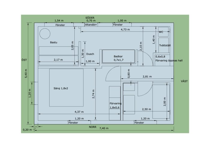 Planritning av en husutbyggnad som inkluderar bastu, dusch, sovrum och badrum med måttangivelser.