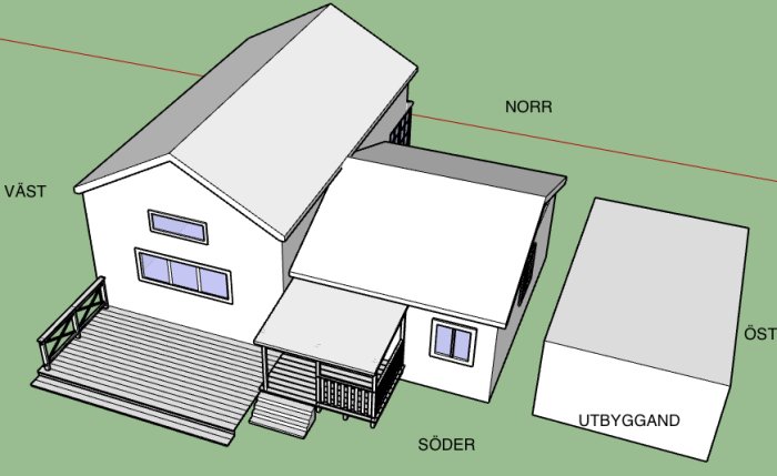 3D-skiss av en stuga med tilltänkt utbyggnad, orientering markerad med väderstreck.