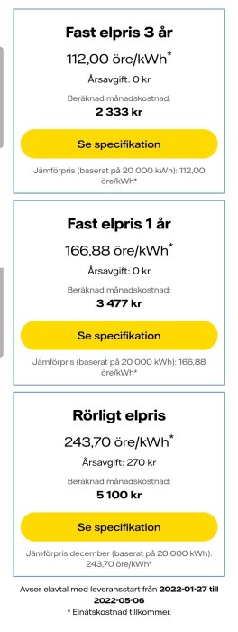 Energibolagets prislista för fast och rörligt elpris med beräknade månadskostnader.