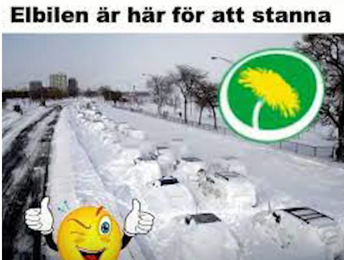 Gata med rader av snötäckta bilar och en tecknad sol med tummen upp, texten "Elbilen är här för att stanna".