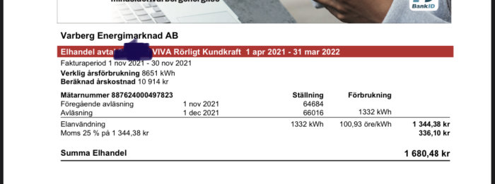 Elräkning från Varberg Energi med detaljer om elavtal, förbrukning och kostnader.